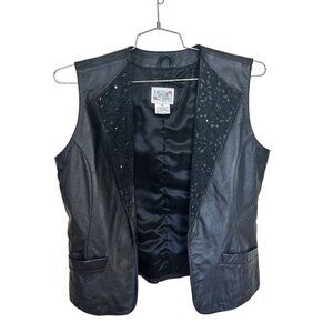 Womens Black Leather Vest Lace By Lacy After Noon Medium Vtg Open Front